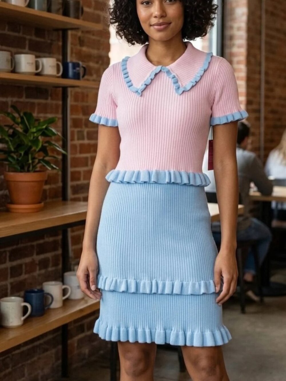 Ivy City Co Courtney Sweater Dress S Pink Blue Ruffle Collar